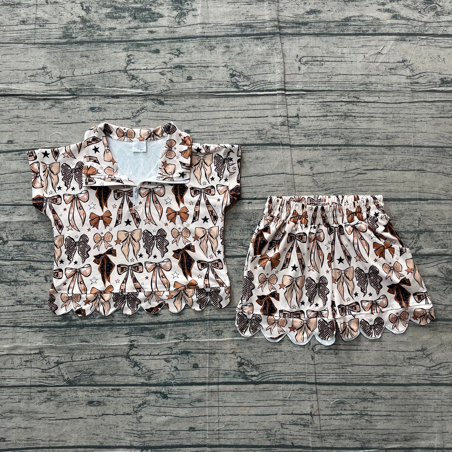 (Sample) No moq milk silk GSSO3696 Baby Girls Plaid Stars Bows Zipper Top Scallop Casual Clothes Set