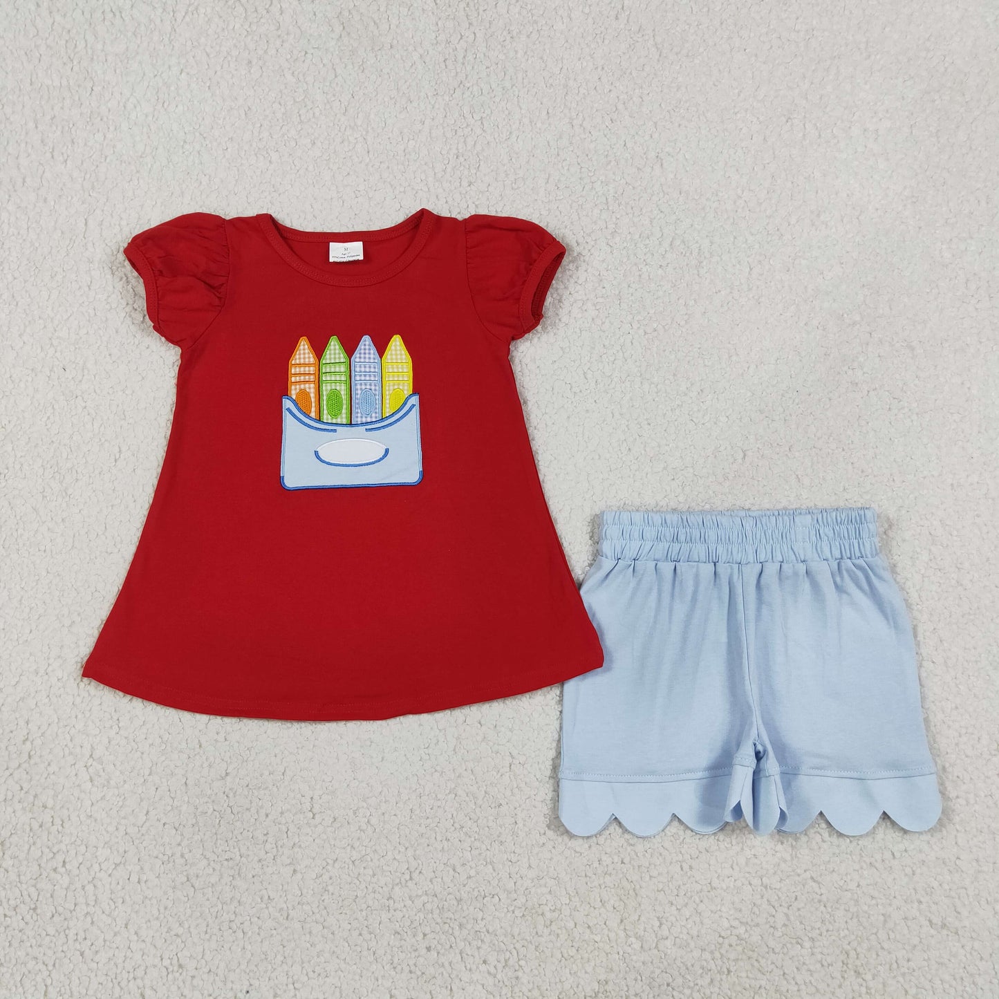 NEW RTS NO MOQ milk silk GSSO3727 Embroidery Baby Girls Pencils Tunic Scallop Shorts Outfit Set Back to School Cute Clothing(2T-14-16T）