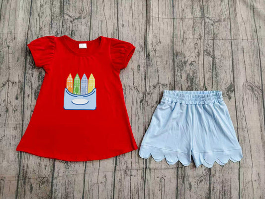 (Sample) No moq GSSO3727 Embroidery Baby Girls Pencils Tunic And Scallop Shorts Outfit Set for Back to School Cute Clothing