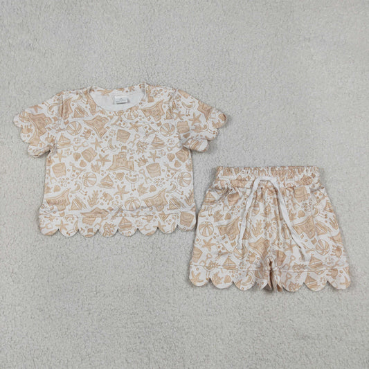 RTS NO MOQ milk silk GSSO3728 Baby Girls Starfish Beach Print Top Scallop Shorts Summer Casual Set