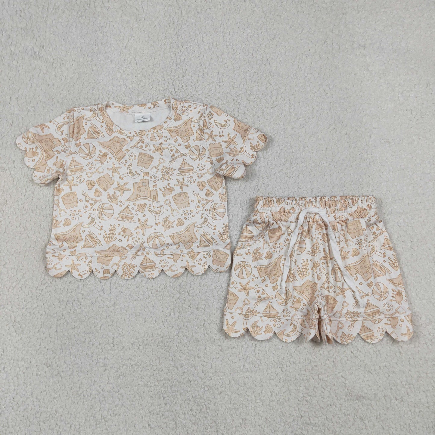 RTS NO MOQ milk silk GSSO3728 Baby Girls Cute Ocean Starfish Printed Top And Scallop Shorts Casual Clothes Set