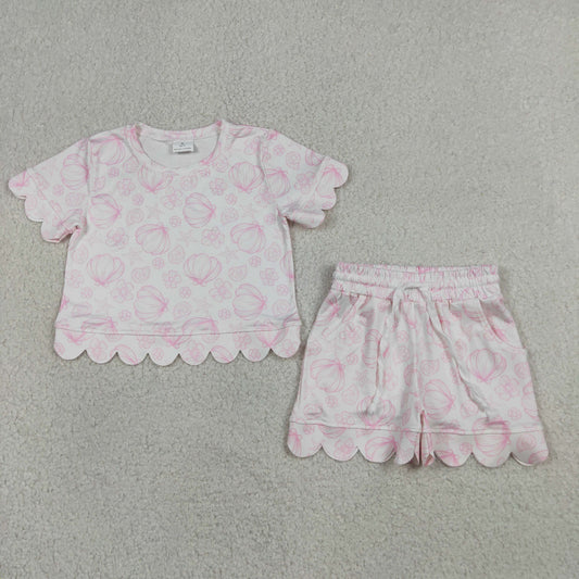 RTS NO MOQ milk silk GSSO3729 Baby Girls Shell Flower Print Top Pocket Scallop Short Set