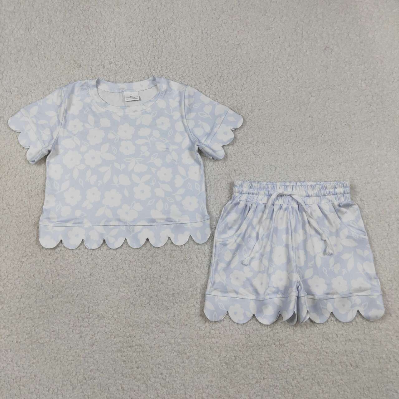 RTS NO MOQ milk silk GSSO3730 Baby Girls Light Blue Flower Print Pocket Top Scallop Shorts Set