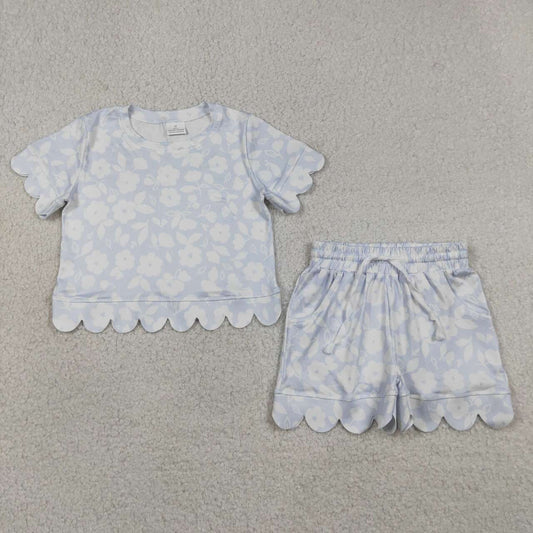RTS NO MOQ milk silk GSSO3730 Baby Girls Light Blue Flower Print Pocket Top Scallop Shorts Set