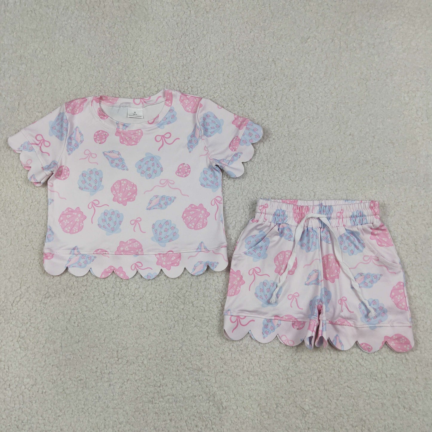 RTS NO MOQ milk silk GSSO3731 Baby Girls Bow Flower Shell Top Pocket Scallop Short Set