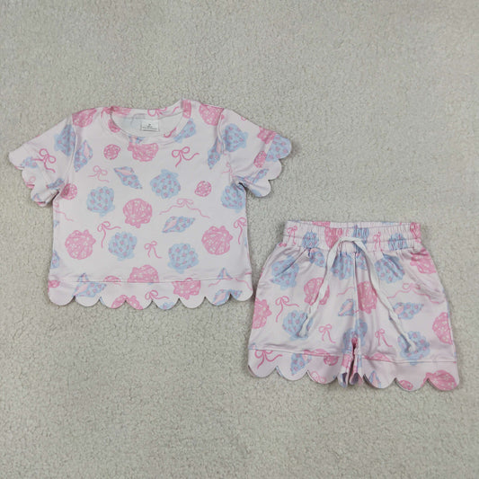 RTS NO MOQ milk silk GSSO3731 Baby Girls Bow Flower Shell Top Pocket Scallop Short Set