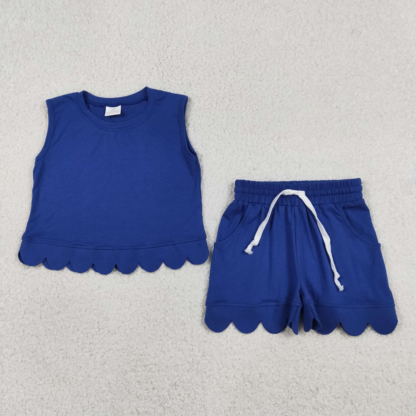 RTS NO MOQ cotton GSSO3732 Baby Girls Cute Hot Blue Sleeveless Top Scallop Clothes Set