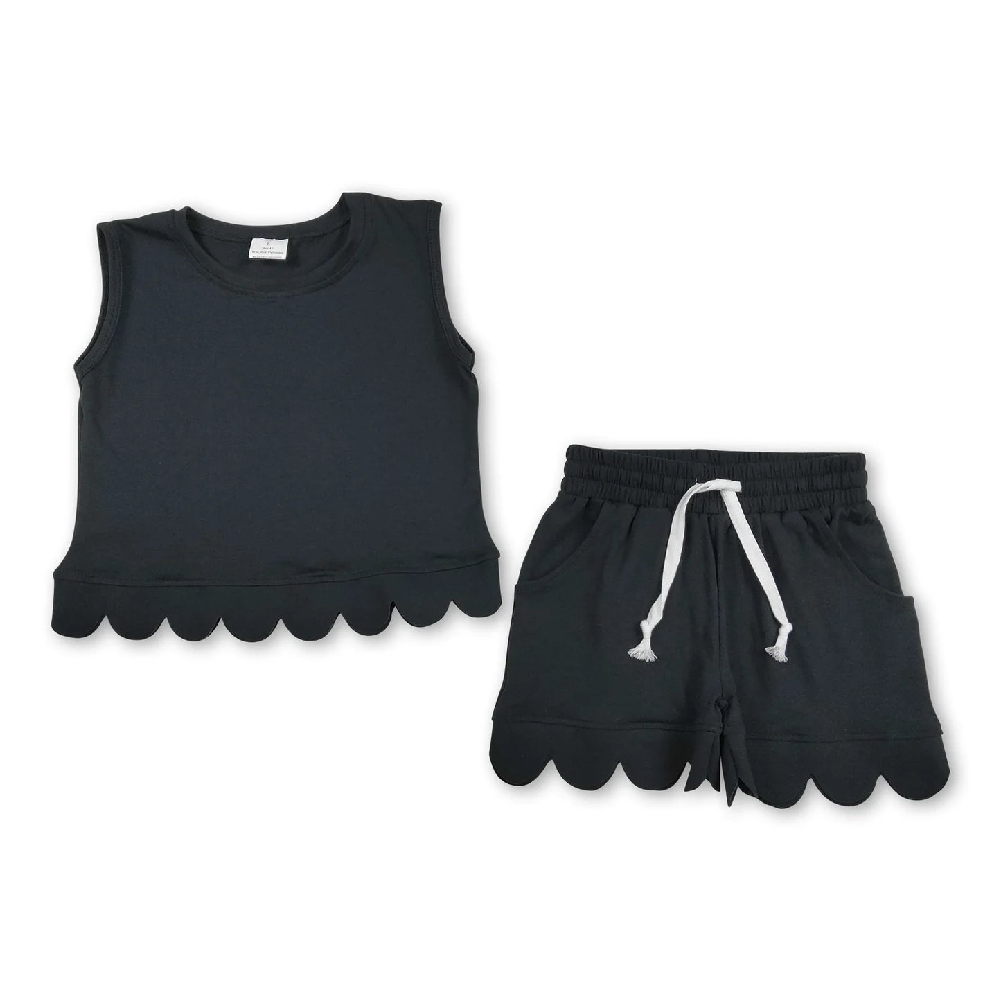 RTS NO MOQ Sibling cotton Baby Girls Solid Color Sleeveless Top Scallop Summer Clothes Set