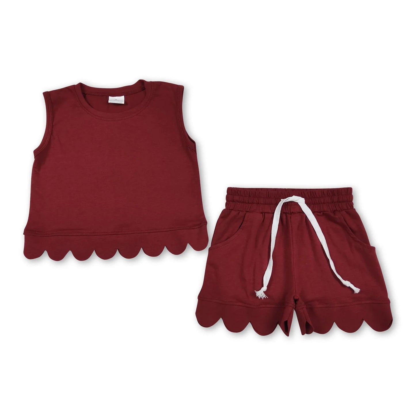 RTS NO MOQ Sibling cotton Baby Girls Solid Color Sleeveless Top Scallop Summer Clothes Set