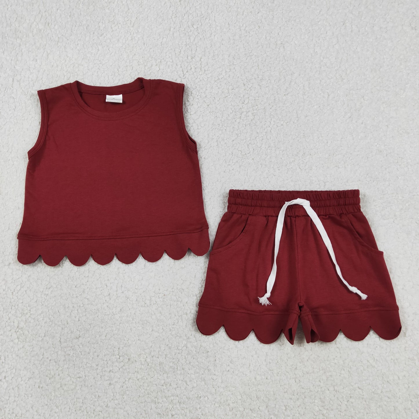 RTS NO MOQ cotton GSSO3734 Baby Girls Maroon Sleeveless Top Scallop Pocket Cotton Clothes Set
