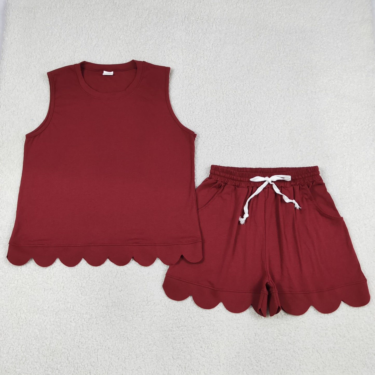 RTS NO MOQ cotton GSSO3735 Women Dark Red Sleeveless Blouse Scallop Hem Shorts Two Piece Set