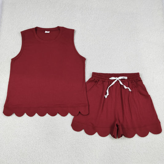 RTS NO MOQ cotton GSSO3735 Women Maroon Pocket Sleeveless Scallop Two Piece Set