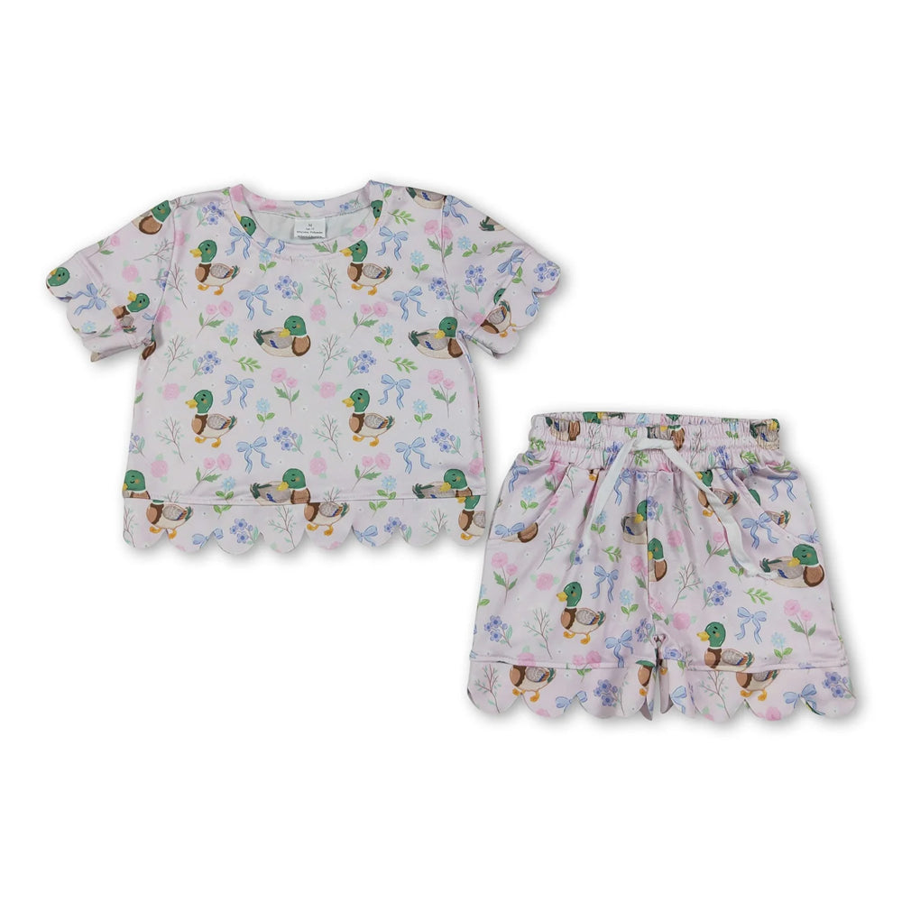 RTS NO MOQ Sibling milk silk Baby Girls Pink Mallard Duck Bow Print Outfit Zipper Ruffle Romper And Short Sleeve Scallop Set