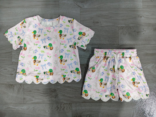 (Sample) No moq milk silk GSSO3737  Baby Girls Duck Flower Bow Top Scallop Trim Casual Shorts Outfit