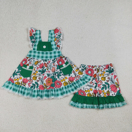 RTS NO MOQ GSSO3738 Baby Girls' Tunic Ruffle Shorts Set with Flutter Sleeves And Flower Pockets Children's Clothing Outfit for Girls（2T-14T）