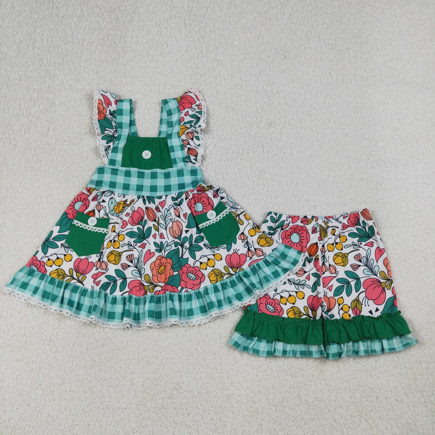 RTS NO MOQ Sibling Baby Girls' Tunic Ruffle Short Clothes Set with Flutter Sleeves And Flower Pockets