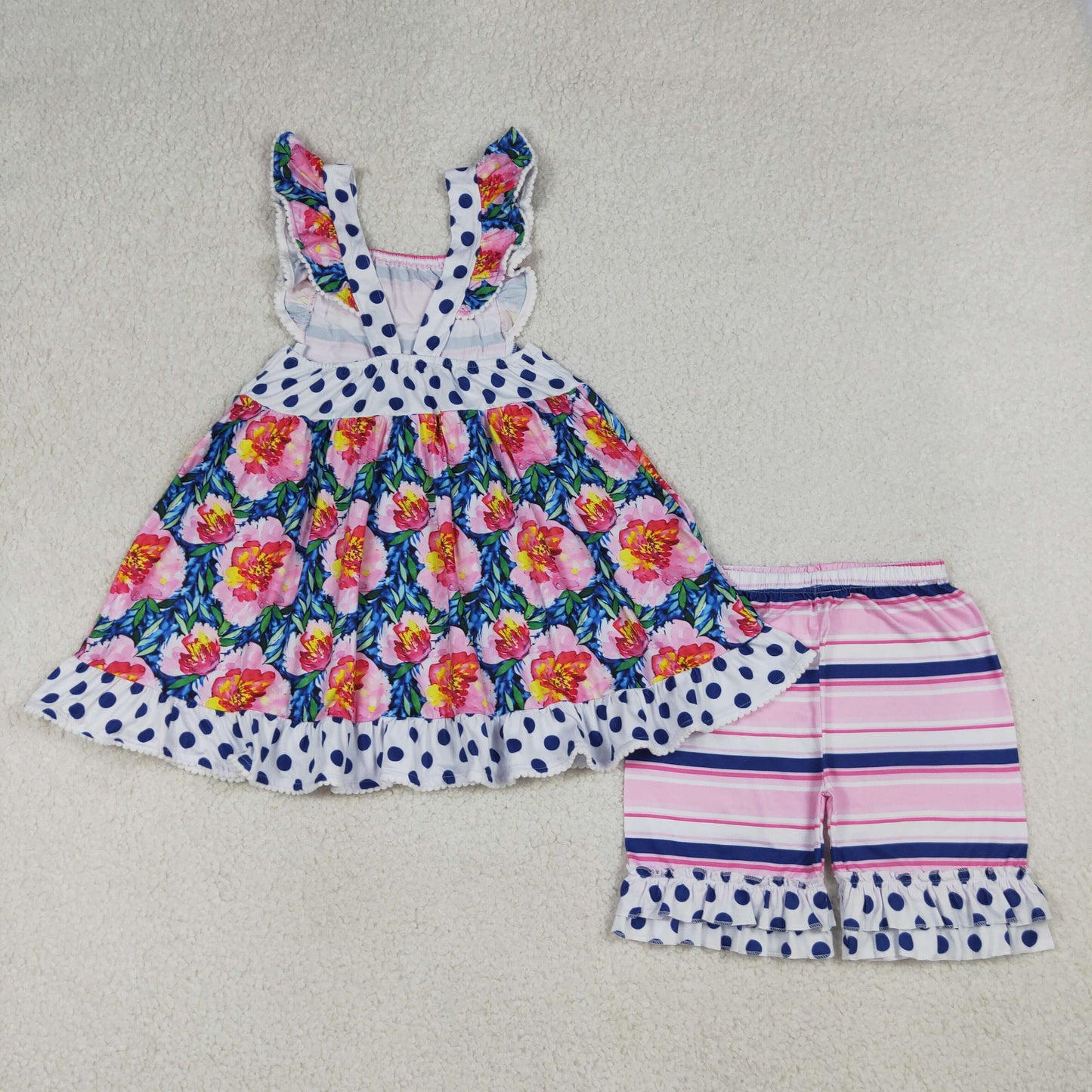 RTS NO MOQ Sibling Baby Girls' Tunic Ruffle Short Clothes Set with Flutter Sleeves And Flower Pockets