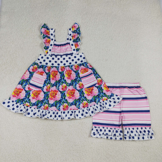 RTS NO MOQ GSSO3739 Baby Girls' Tunic Ruffle Short Clothes Set with Flutter Sleeves And Flower Pockets（10-12T）