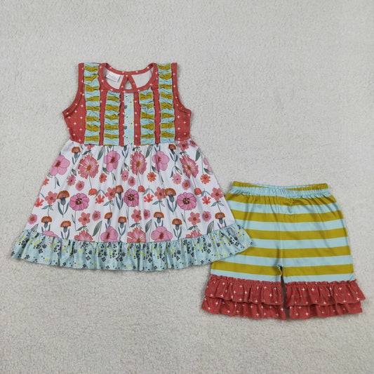 RTS NO MOQ GSSO3740 Baby Girls Sleeveless Tunic with Flowers Stripe Ruffle Short Clothes Set Cute Outfit for Little Girls（2T-10-12T）