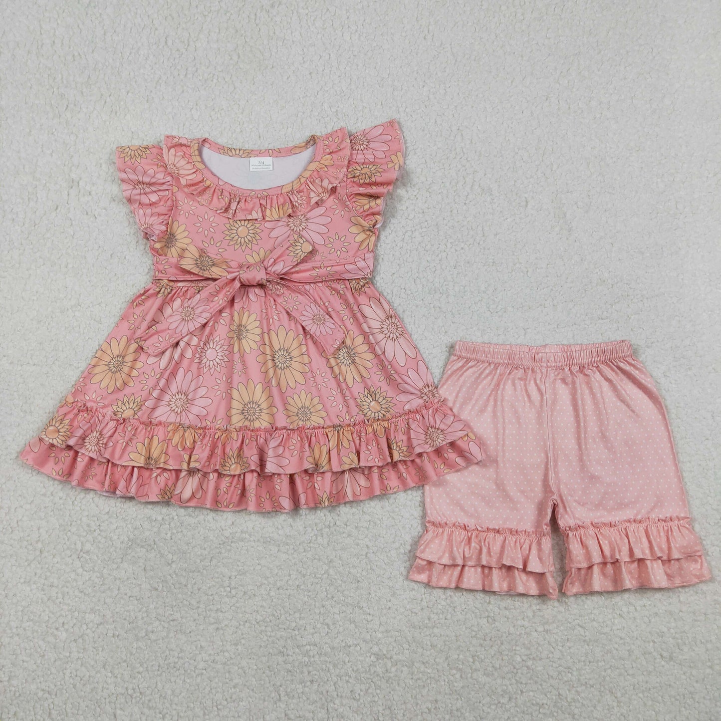 RTS NO MOQ GSSO3741 Baby Girls Floral Tunic Ruffle Short Outfit Set with Flutter Sleeves（3-4T-10-12T）