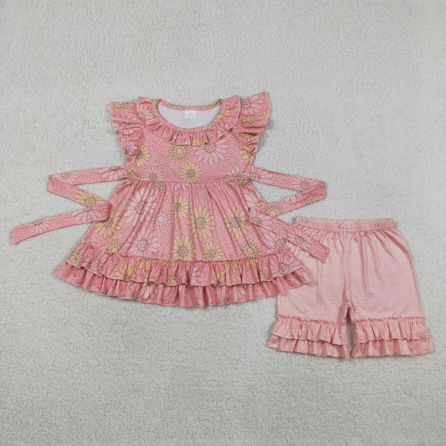 RTS NO MOQ GSSO3741 Baby Girls Floral Tunic Ruffle Short Outfit Set with Flutter Sleeves（3-4T-10-12T）