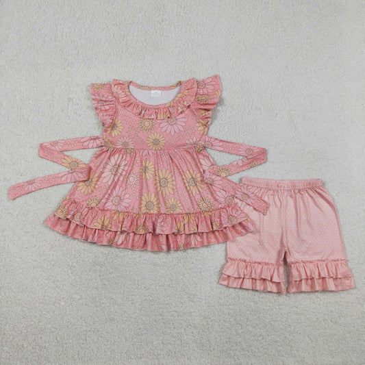 RTS NO MOQ GSSO3741 Baby Girls Floral Tunic Ruffle Short Outfit Set with Flutter Sleeves（3-4T-10-12T）