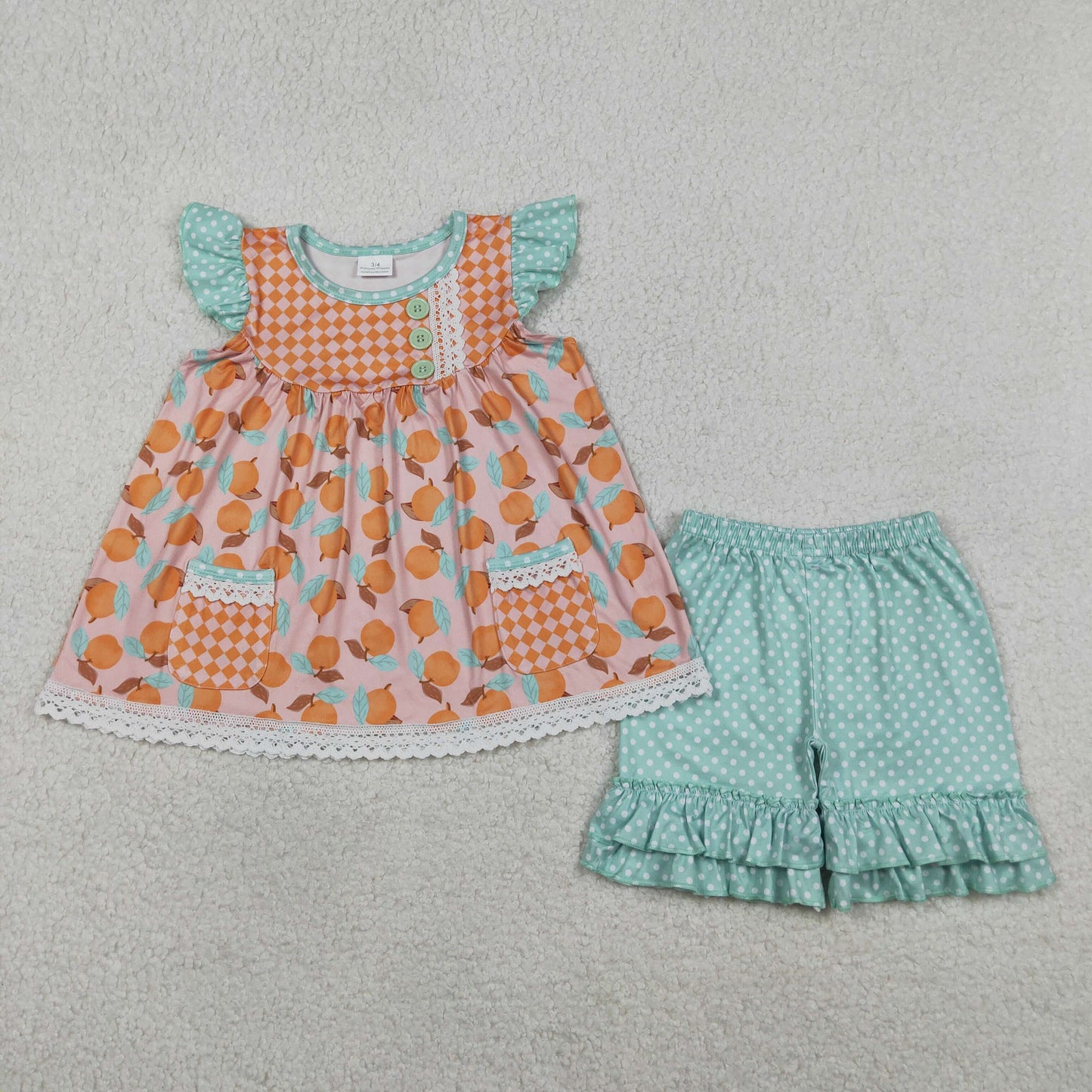 RTS NO MOQ GSSO3742 Baby Girls Polka Dots Ruffle Short Clothes Set with Flutter Sleeve Button Pockets Tunic（2T-10-12T）