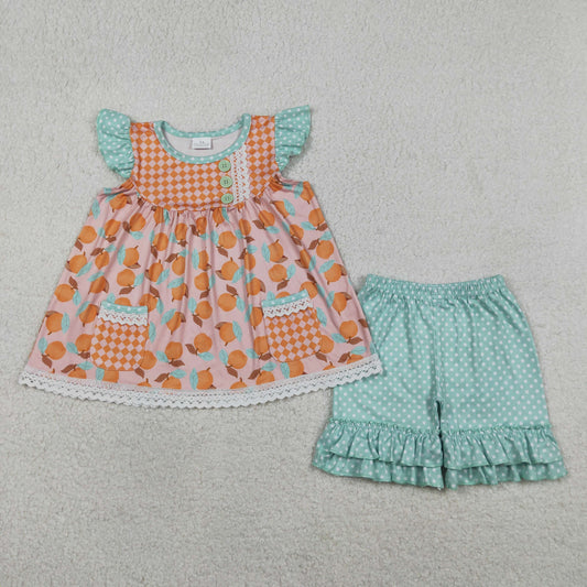 RTS NO MOQ GSSO3742 Baby Girls Polka Dots Ruffle Short Clothes Set with Flutter Sleeve Button Pockets Tunic（2T-10-12T）