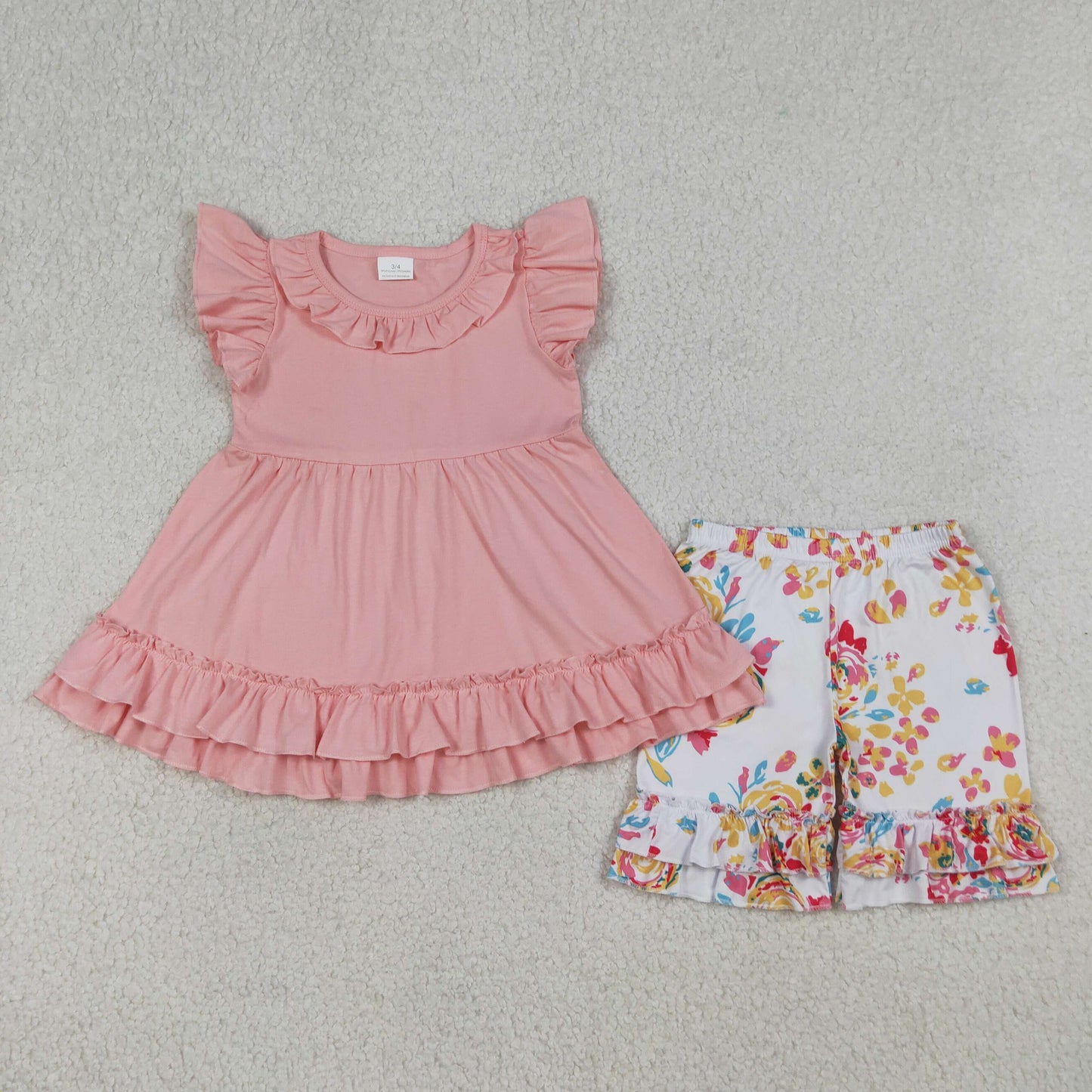RTS NO MOQ GSSO3743 Baby Girls Pink Tunic with Flutter Sleeves And Ruffle Shorts Set Cute Floral Outfit for Infants（2T-10-12T）