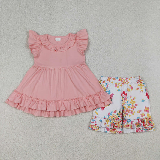 RTS NO MOQ GSSO3743 Baby Girls Pink Tunic with Flutter Sleeves And Ruffle Shorts Set Cute Floral Outfit for Infants（2T-10-12T）