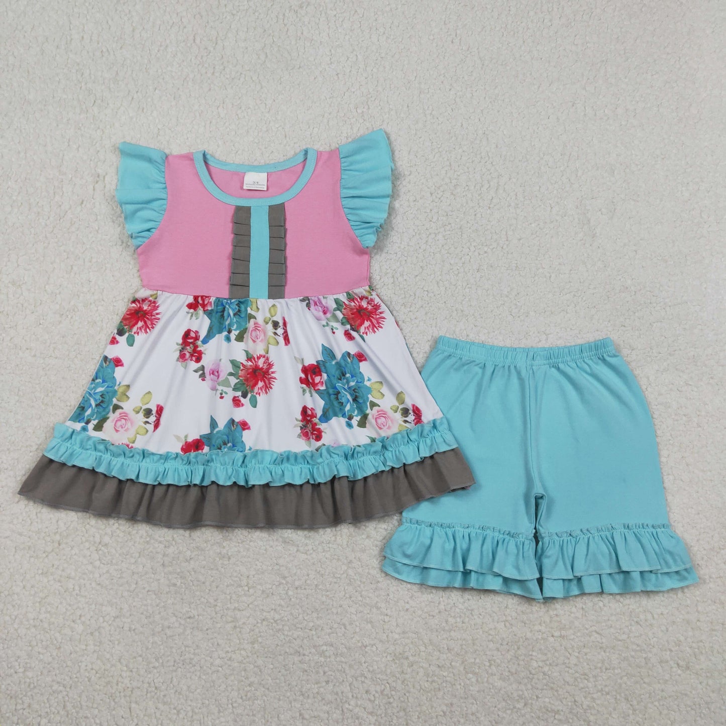 RTS NO MOQ GSSO3744 Baby Girls Floral Tunic with Flutter Sleeves And Ruffle Pants Cute Clothes Set for Little Ones（2T-10-12T）