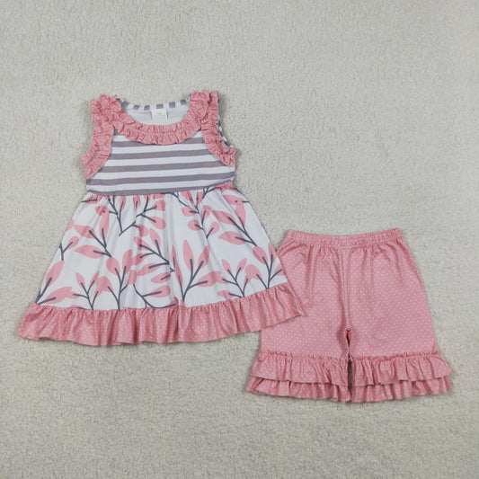 RTS NO MOQ GSSO3745 Baby Girls Sleeveless Tunic Set with Polka Dots Ruffle Stripes And Flowers Short Clothes Outfit for Little Girls（3-4T-10-12T）