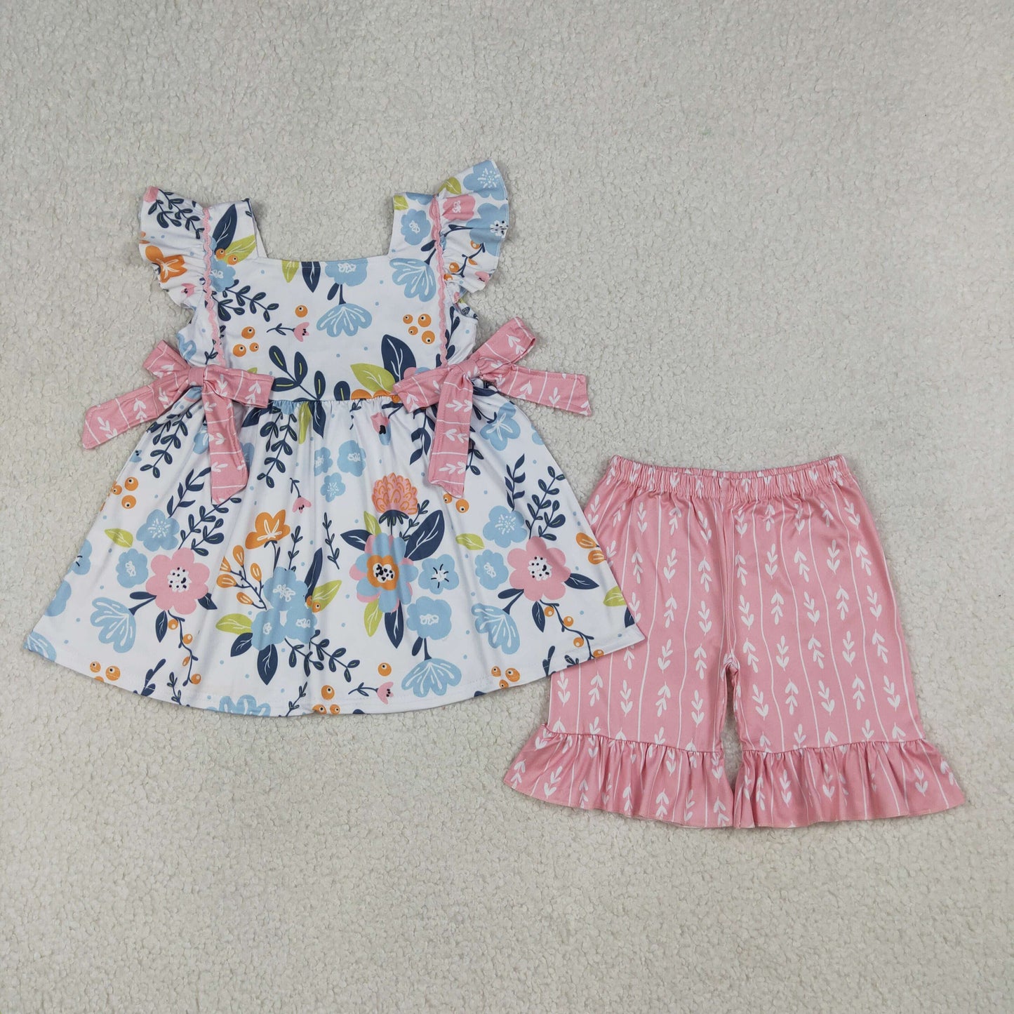 RTS NO MOQ GSSO3746 Baby Girls Floral Tunic with Flutter Sleeves And Ruffle Shorts Outfit Set Cute Infant Clothing（2T-10-12T）