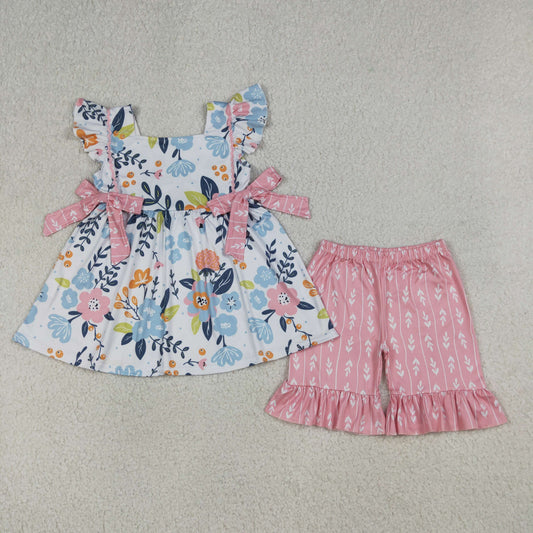 RTS NO MOQ GSSO3746 Baby Girls Floral Tunic with Flutter Sleeves And Ruffle Shorts Outfit Set Cute Infant Clothing（2T-10-12T）