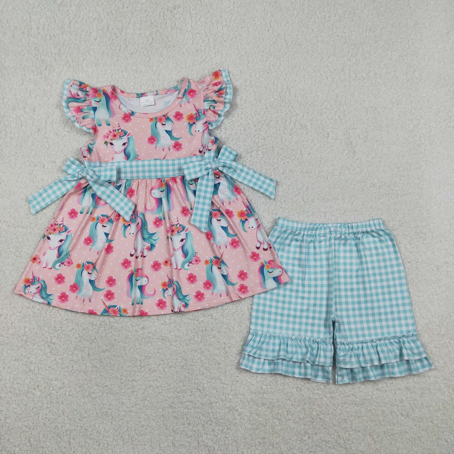 RTS NO MOQ GSSO3747 Baby Girls' Floral Horses Flutter Sleeves Tunic And Ruffle Shorts Outfit（2T-10-12T）