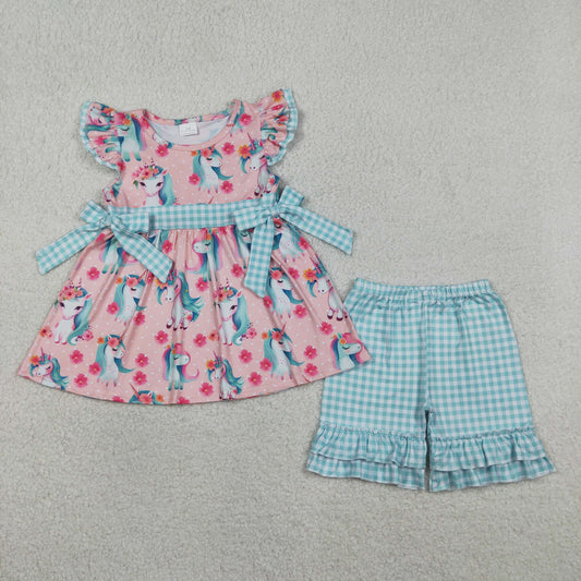 RTS NO MOQ GSSO3747 Baby Girls' Floral Horses Flutter Sleeves Tunic And Ruffle Shorts Outfit（2T-10-12T）