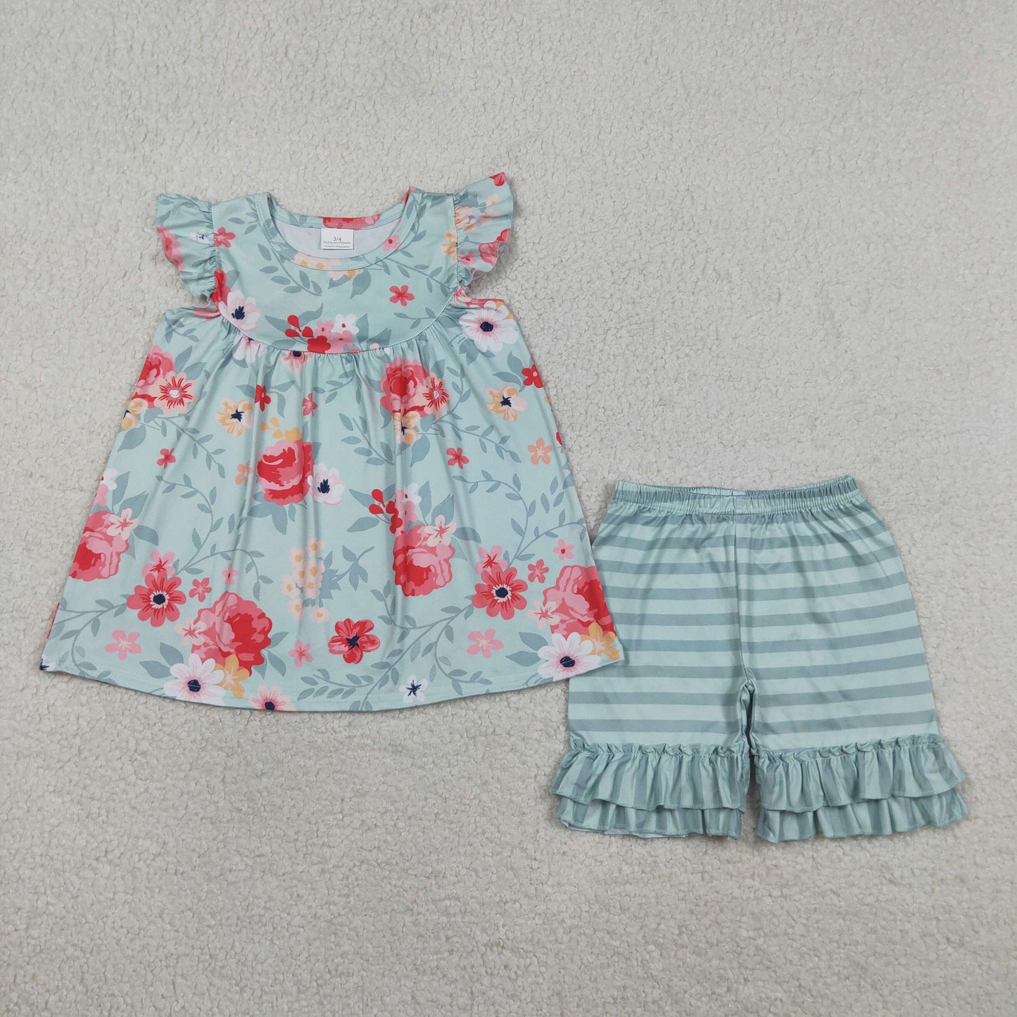 RTS NO MOQ GSSO3748 Baby Girls' Floral Tunic And Stripe Ruffle Shorts Set with Flutter Sleeves Cute Outfit for Little Ones（3-4T-10-12T）