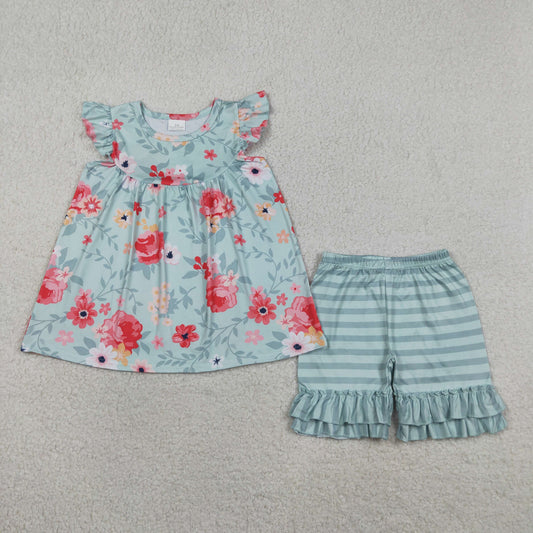 RTS NO MOQ GSSO3748 Baby Girls' Floral Tunic And Stripe Ruffle Shorts Set with Flutter Sleeves Cute Outfit for Little Ones（3-4T-10-12T）
