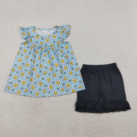 RTS NO MOQ GSSO3749 Baby Girls' Polka Dot Tunic And Ruffle Shorts Set with Flutter Sleeves Flowers Infant Girl's Outfit（3-4T-10-12T）