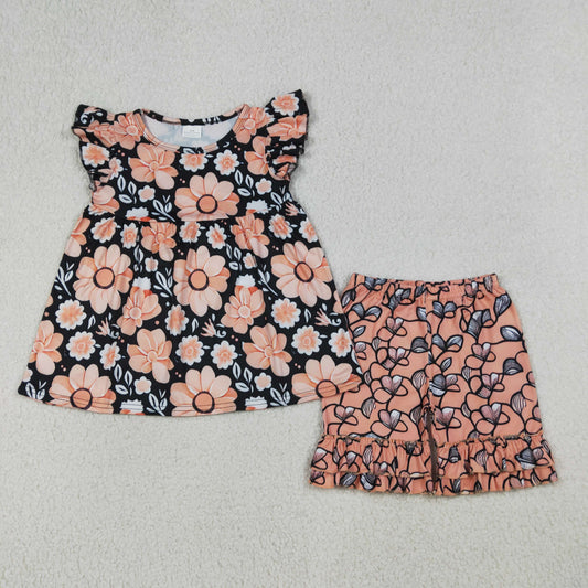 RTS NO MOQ GSSO3750 Baby Girls Plaid Tunic Ruffle Short Outfit Set with Flutter Sleeves And Flowers（3-4T-10-12T）