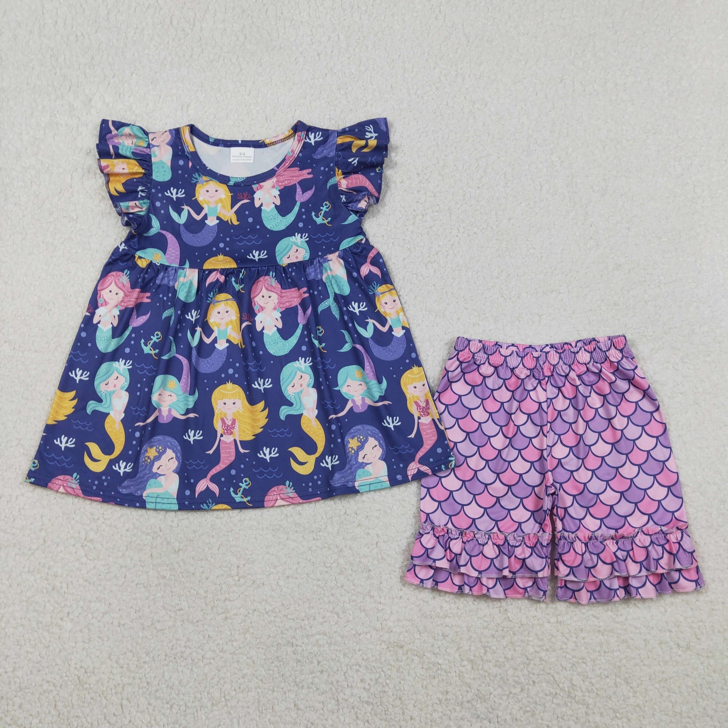 RTS NO MOQ GSSO3751 Baby Girls Purple Tunic with Flutter Sleeve Ruffle Shorts Set Cute Baby Outfit（2T-10-12T）