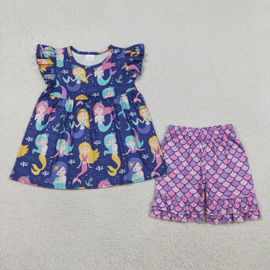 RTS NO MOQ GSSO3751 Baby Girls Purple Tunic with Flutter Sleeve Ruffle Shorts Set Cute Baby Outfit（2T-10-12T）
