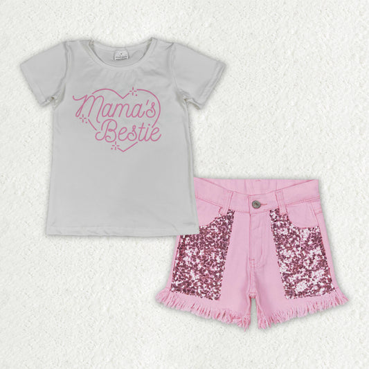 RTS NO MOQ GSSO3756（GT1565+SS0230） Baby Girls 'Mama's Bestie' Hearts  Short Sleeve T-shirt Pink Sequin Denim Shorts Set for Infants