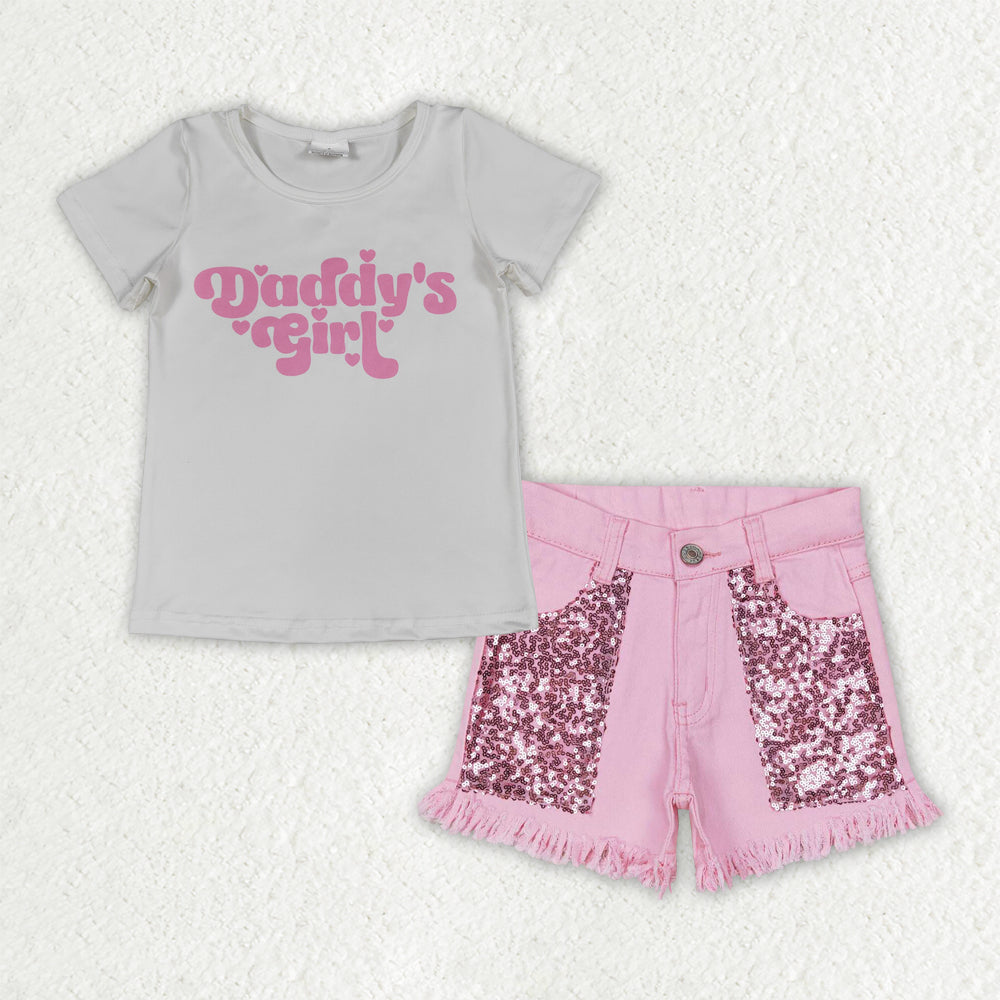 RTS NO MOQ GSSO3757（GT1566+SS0230）Baby Girls Short Sleeve Daddy's Girl Hearts T-shirts Top Pink Sequin Denim Shorts Set for Infants