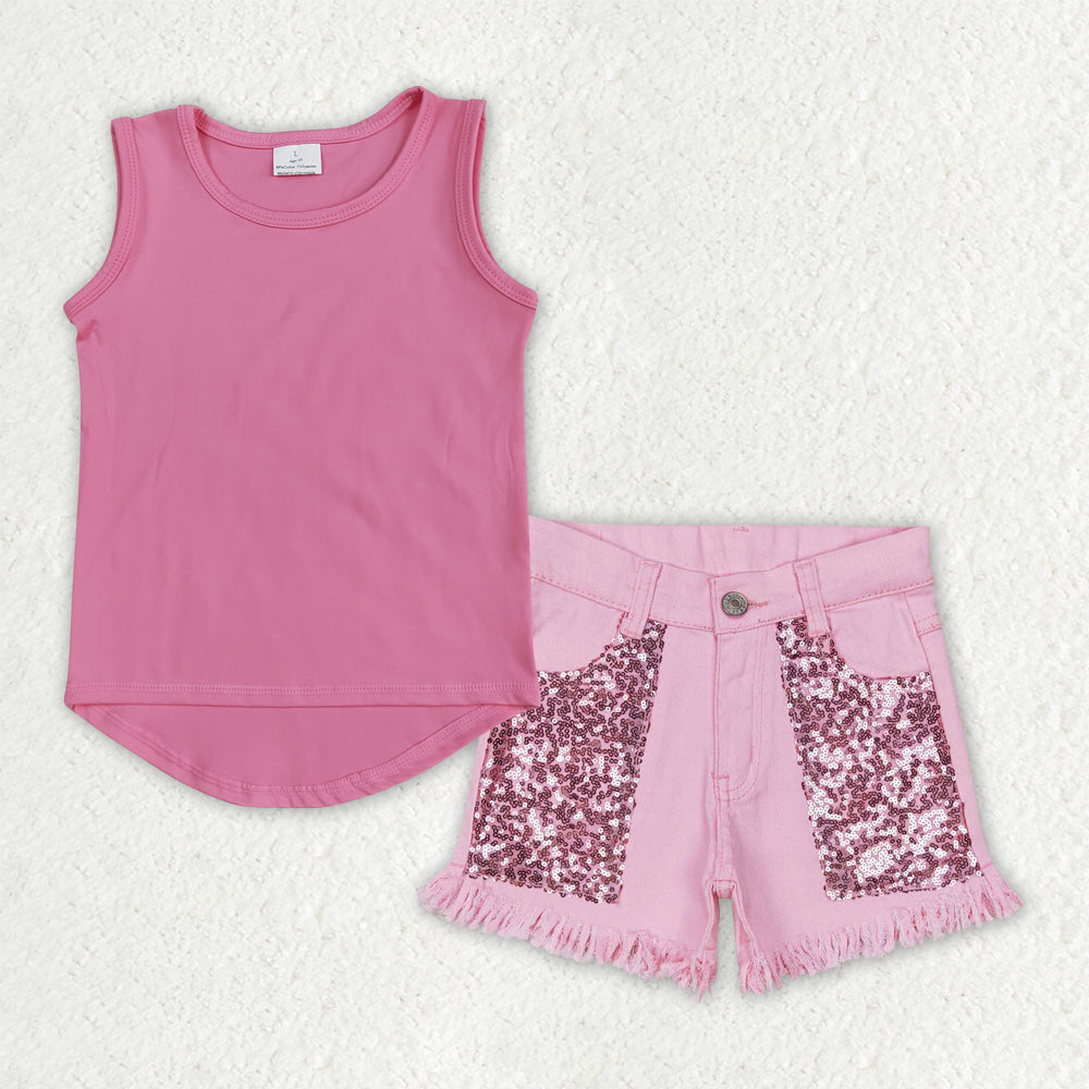 RTS NO MOQ GSSO3758（GT0983+SS0230）Baby Girls Pink Sleeveless Vests Tops Pink Sequin Denim Shorts Set for Infants