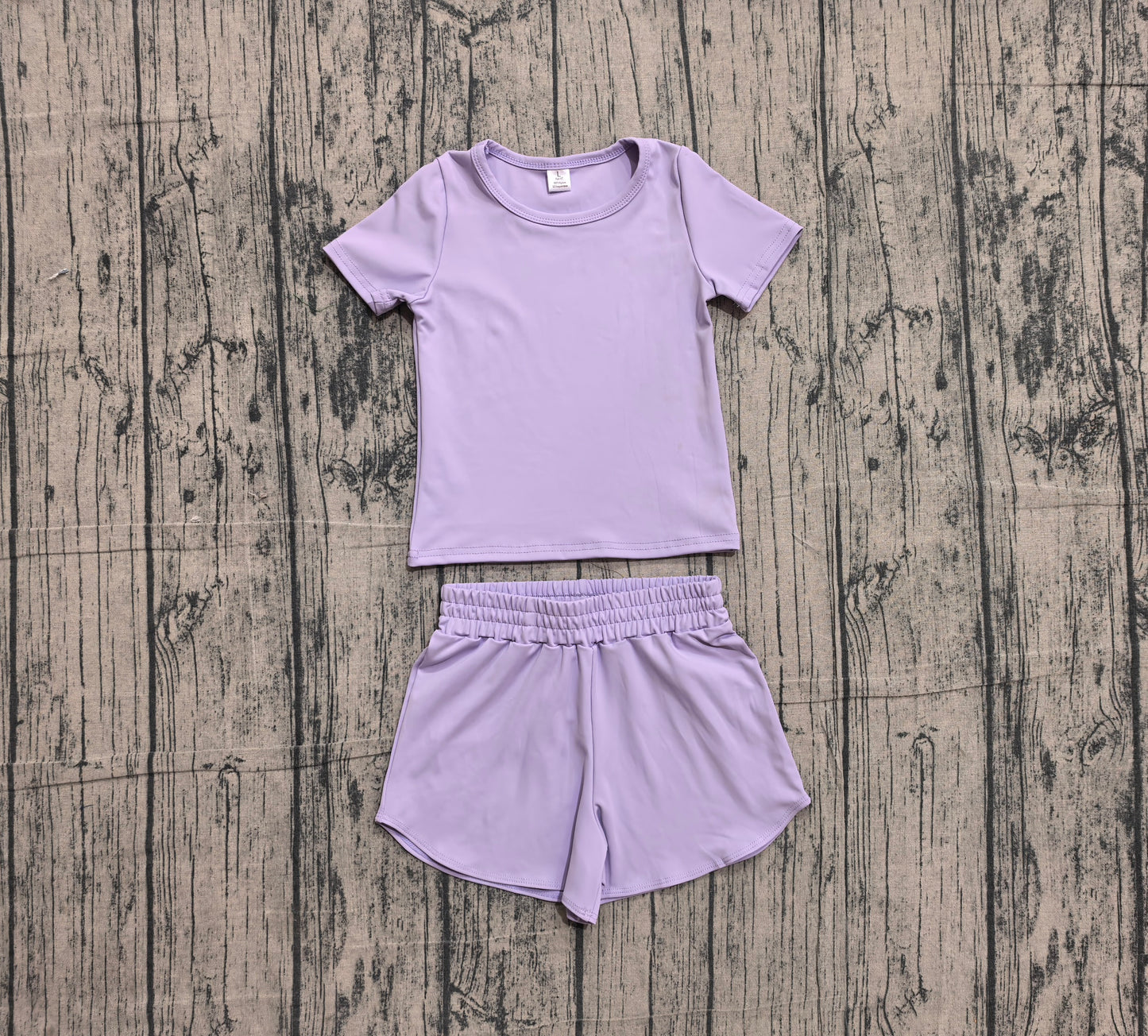 (Sample) No moq yoga fabric cotton GSSO3759（GT1628+SS0895）Baby Girls Lavender Short Sleeve Top Casual Sport Yoga Shorts Sets