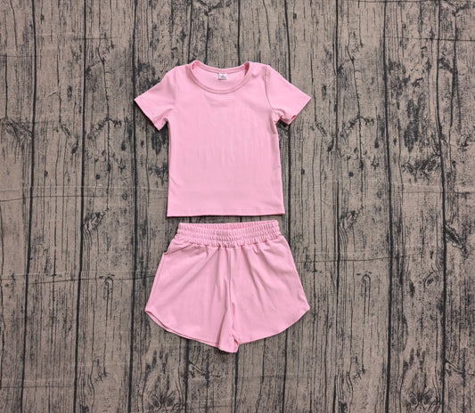 (Sample) No moq yoga fabric cotton GSSO3761（GT1630+SS0897）Baby Girls Pink Soft Short Sleeve Top Elastic Waist Sport Shorts Sets