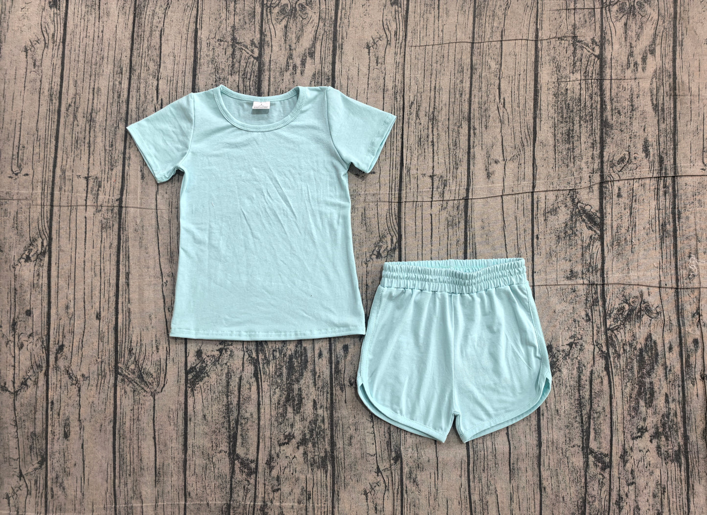 (Sample) No moq yoga fabric cotton GSSO3762（GT1631+SS0898）Baby Girls Light Blue Soft Short Sleeve Top Elastic Waist Sport Shorts Sets
