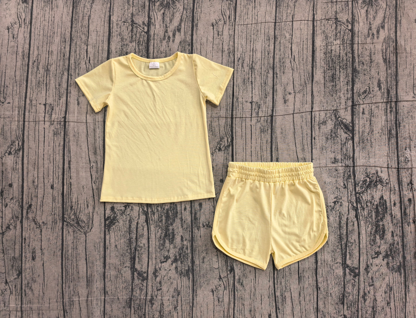 (Sample) No moq yoga fabric cotton GSSO3763（GT1632+SS0899）Baby Girls Yellow Plain Short Sleeve Top Daily Sport Yoga Shorts Sets