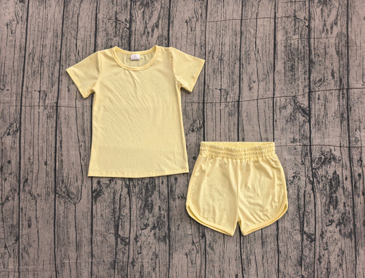 (Sample) No moq yoga fabric cotton GSSO3763（GT1632+SS0899）Baby Girls Yellow Plain Short Sleeve Top Daily Sport Yoga Shorts Sets